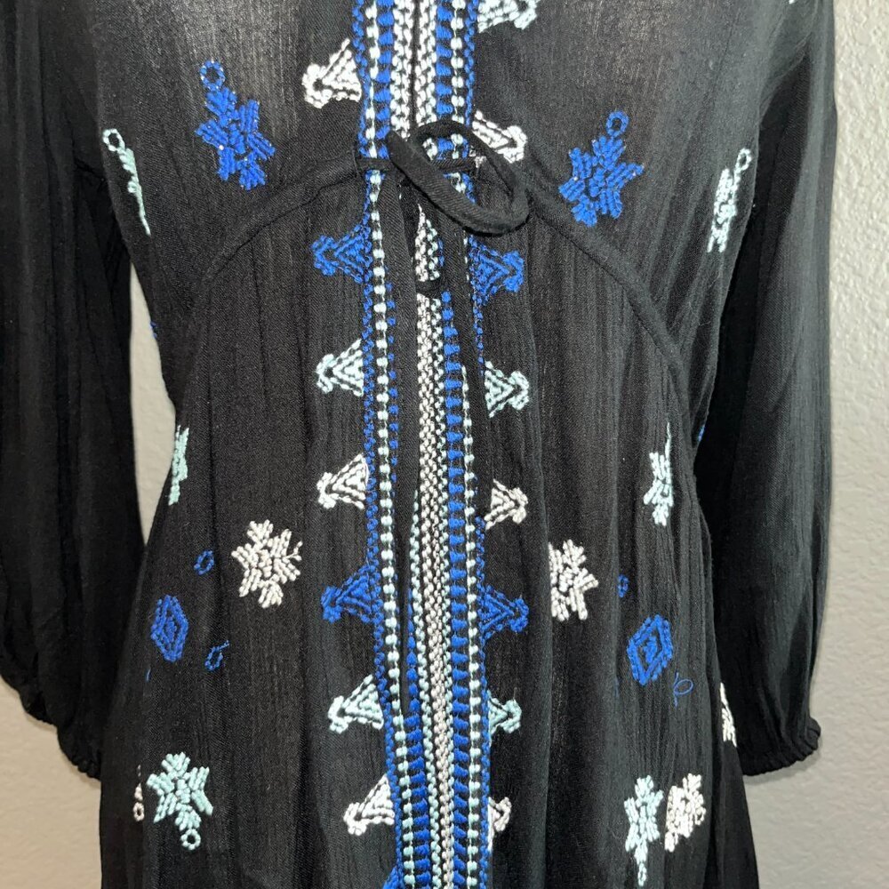 FP FREE PEOPLE STAR GAZER BLACK & BLUE LONG SLEEVE EMBROIDERED DRESS - EUC -  XS - Picture 3 of 14